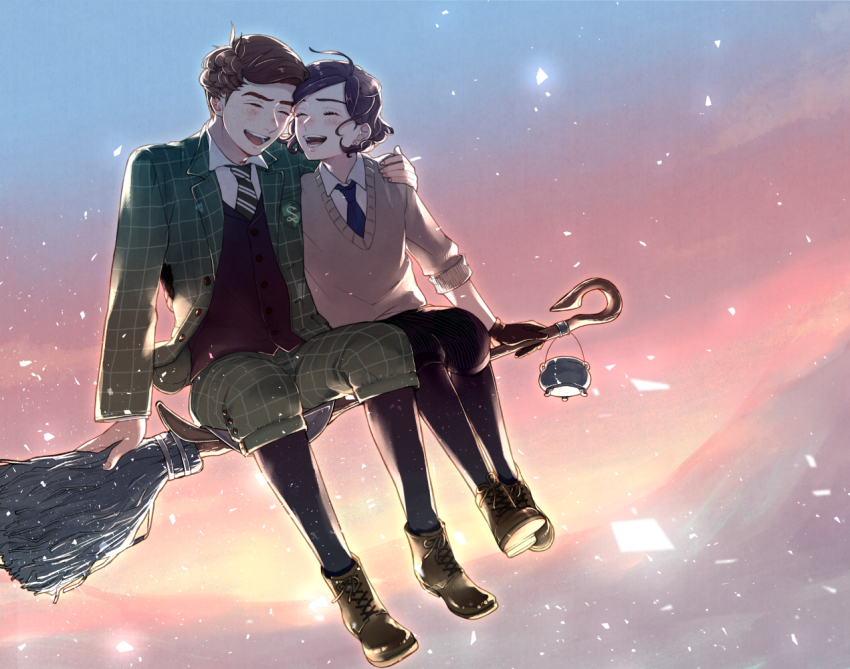 1boy 1girl broom broom_riding brown_hair coat flying freckles harry_potter_(series) hetero hogwarts_legacy hogwarts_school_uniform necktie pants plaid_clothes plaid_coat plaid_pants protagonist_(hogwarts_legacy) ravenclaw school_uniform sebastian_sallow short_hair striped_necktie sweater uramono1011 wizarding_world