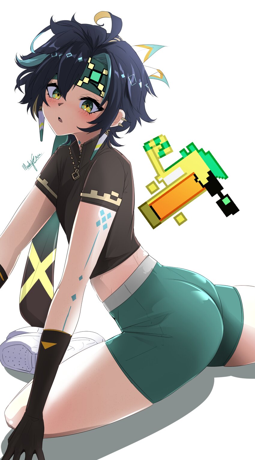 1boy absurdres black_gloves black_hair black_shirt blonde_hair blue_hair blush collared_shirt cropped_shirt ear_piercing earrings foot_out_of_frame genshin_impact gloves green_eyes green_headband green_shorts hair_between_eyes hashtag-only_commentary headband highres jewelry kinich_(genshin_impact) looking_at_viewer male_focus marky_evan medium_hair midriff multicolored_eyes multicolored_hair piercing shirt shoes short_shorts short_sleeves shorts signature simple_background sitting sneakers solo streaked_hair stretching white_background white_shoes yellow_eyes
