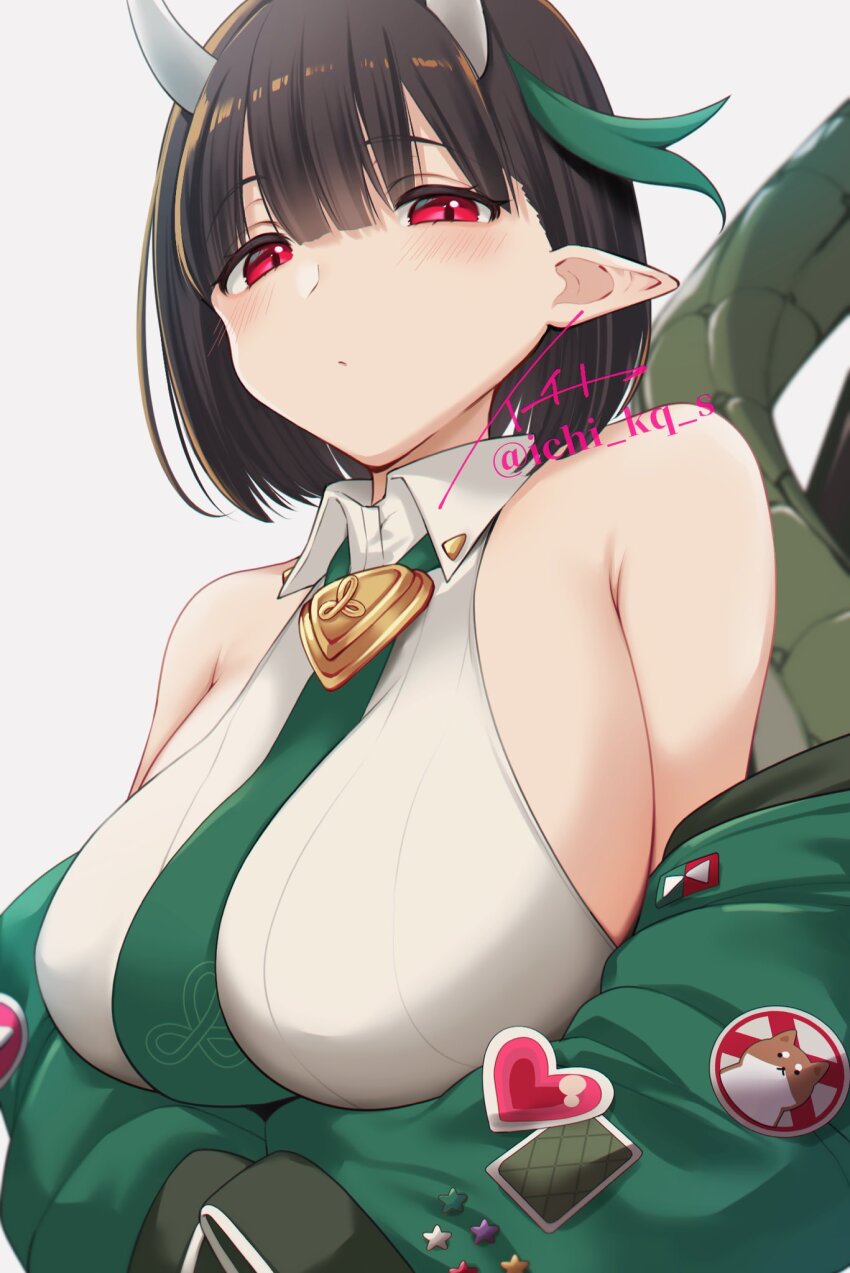 1girl bare_shoulders biscione_(fate) biscione_(second_ascension)_(fate) black_hair blush breasts dragon_tail fate/grand_order fate_(series) highres horns ichi_kq large_breasts long_sleeves looking_at_viewer off_shoulder red_eyes short_hair sideboob solo tail