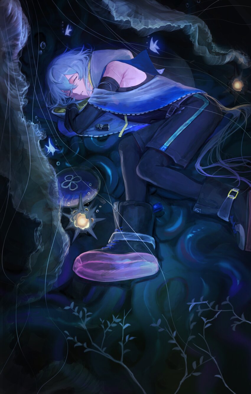 1boy absurdres arknights black_background black_gloves black_pantyhose black_shorts black_skirt blue_hair blue_hat blue_shawl closed_eyes commentary elbow_gloves gloves hat highres jellyfish lying male_focus mizuki_(arknights) on_side pantyhose pantyhose_under_shorts shawl shorts simple_background skirt sleeping solo symbol-only_commentary tentacles unworn_hat unworn_headwear yomotobi