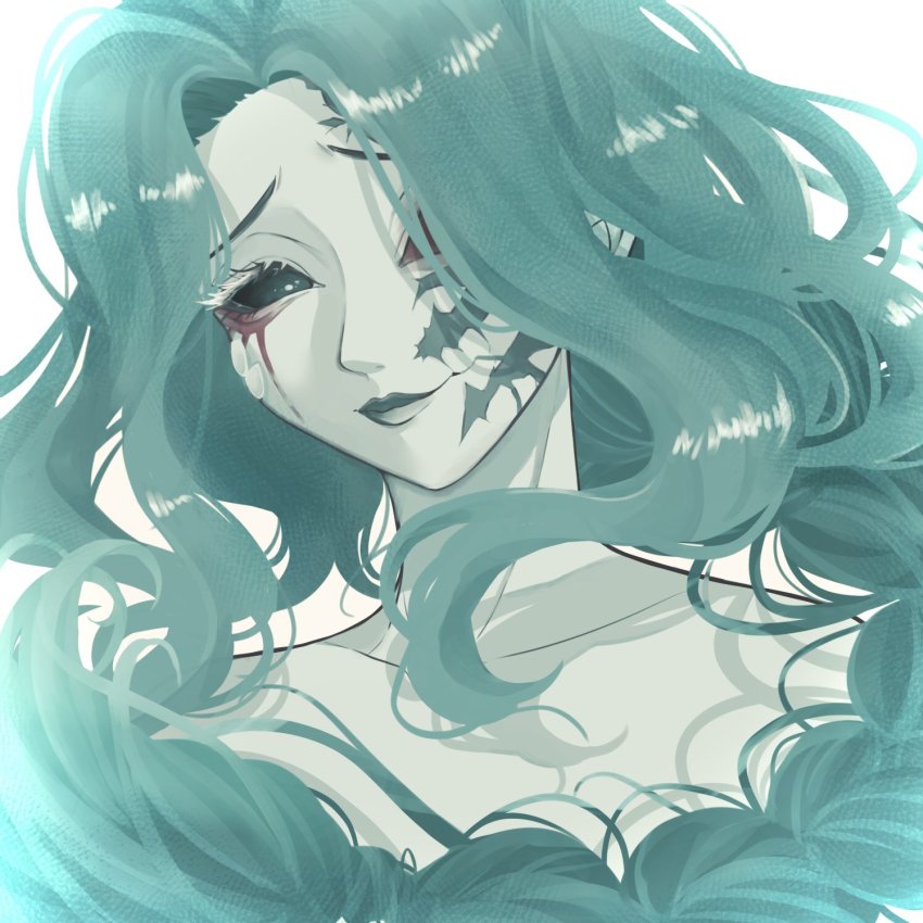 1girl aqua_eyes aqua_hair cha_men_koi collarbone colored_skin cracked_skin grace_(identity_v) green_skin hair_over_one_eye head_tilt highres identity_v long_bangs looking_at_viewer parted_bangs portrait smile solo white_background