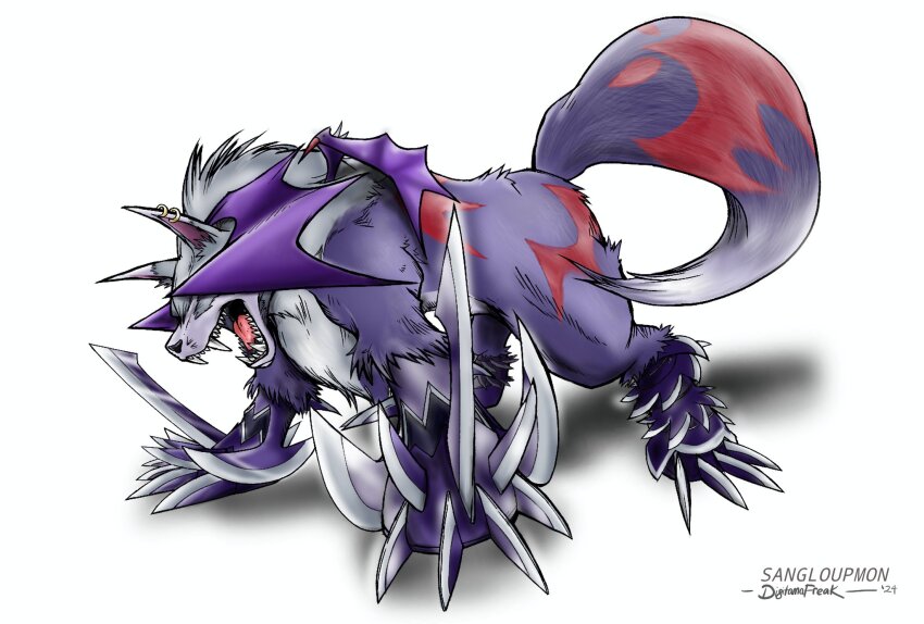 digimon digimon_(creature) earrings highres jewelry mask sangloupmon sharp_teeth solo spikes tail teeth