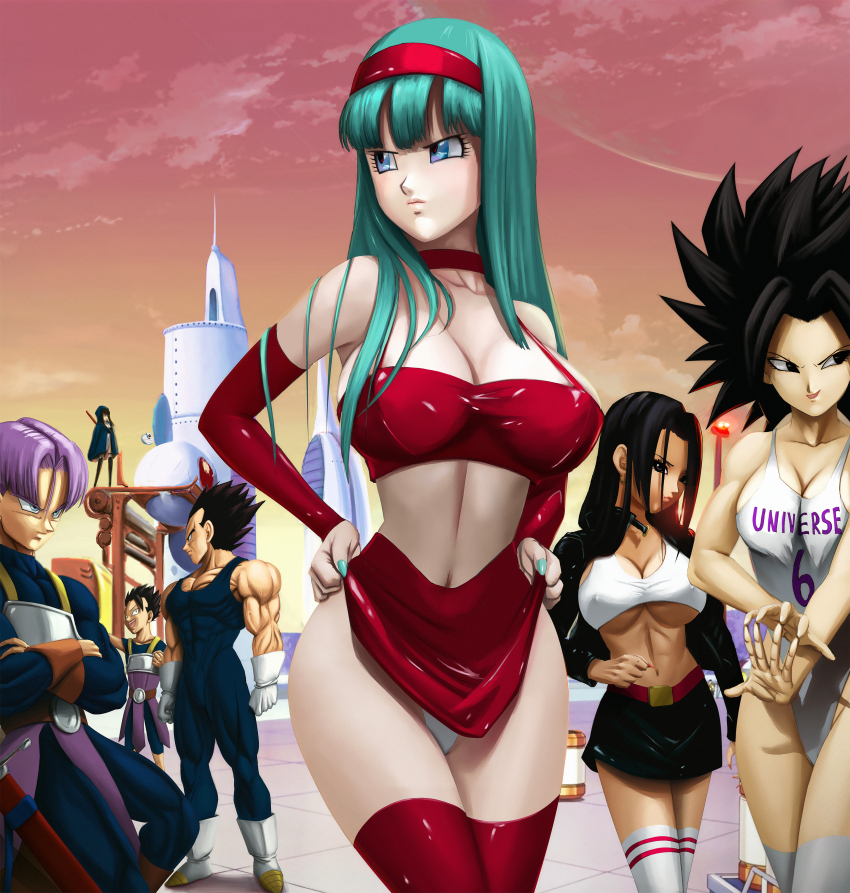 3boys 4girls abs absurdres alternate_costume alternate_hairstyle aqua_hair black_eyes black_hair blue_eyes blush boots bra_(dragon_ball) breasts building cabba caulifla character_request competition_swimsuit covered_erect_nipples crossed_arms dragon_ball elite_nappa father_and_daughter gloves gradient_sky hands_on_own_hips highres hood kale_(dragon_ball) large_breasts latex long_hair multiple_boys multiple_girls muscular muscular_female muscular_male nails navel novasayajingoku one-piece_swimsuit open_mouth pants purple_hair serious skirt sky smile spiked_hair sunset swimsuit thighhighs trunks_(dragon_ball) vegeta