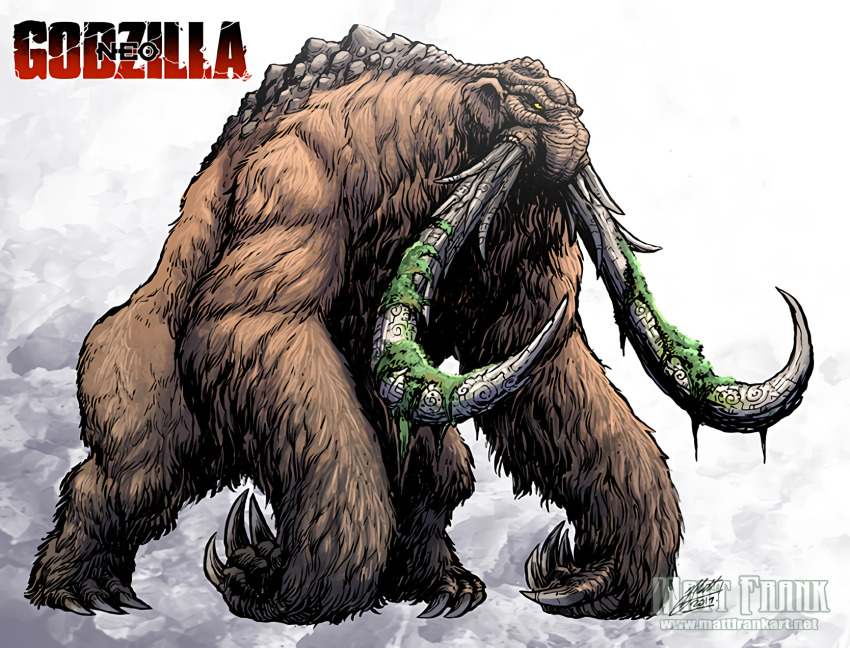 animal behemoth_(monsterverse) godzilla_(series) hieroglyphics highres kaiju legendary_pictures matt_frank monsterverse moss no_humans plant redesign simple_background sloth_(animal) tusks yellow_eyes