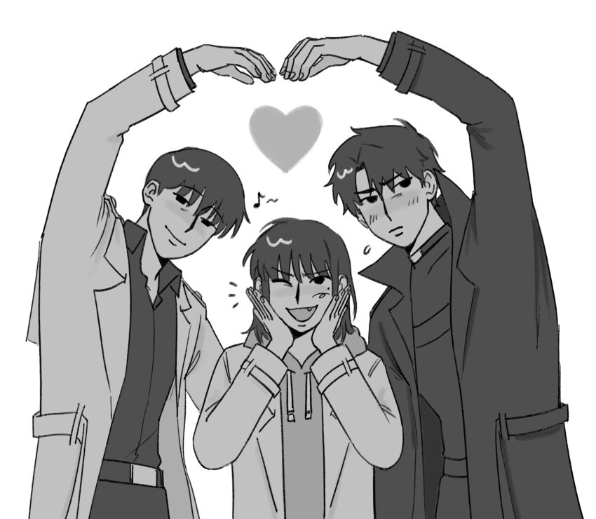1girl 2boys ;d averting_eyes black_coat black_eyes black_shirt bob_cut coat cowboy_shot curtained_hair dokjasepilogue fang greyscale han_sooyoung hand_on_own_face heart_arms heart_arms_duo highres hood hood_down hoodie kim_dokja looking_at_viewer monochrome multiple_boys musical_note omniscient_reader&#039;s_viewpoint one_eye_closed open_clothes open_coat open_mouth popped_collar shirt short_hair sidelocks smile white_coat yoo_joonghyuk