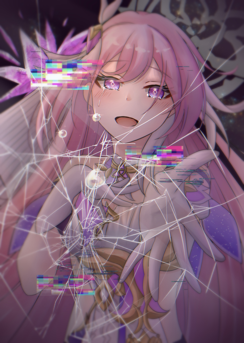 1girl absurdres bare_shoulders broken_screen clothing_cutout commentary_request corset crying crying_with_eyes_open diamond-shaped_pupils diamond_(shape) elysia_(herrscher_of_human:_ego)_(honkai_impact) elysia_(honkai_impact) glitch gloves hand_on_own_chest highres honkai_(series) honkai_impact_3rd lalaty_ciel long_hair looking_at_viewer multicolored_hair open_mouth pink_hair purple_eyes reaching reaching_towards_viewer side_cutout signet_of_ego solo symbol-shaped_pupils tears triquetra two-tone_hair veil very_long_hair white_corset white_gloves white_hair white_veil