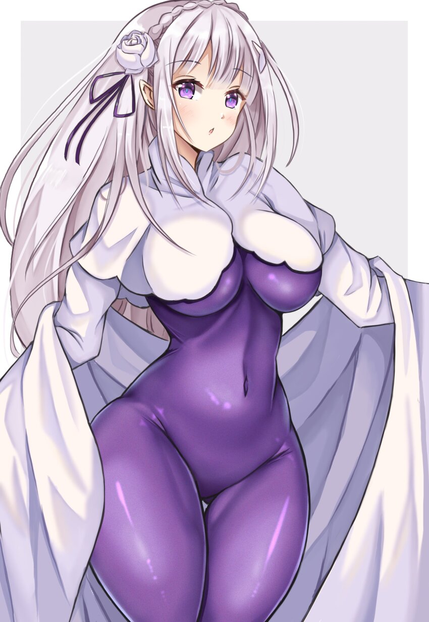 1girl :o absurdres ayannon_yumme black_ribbon blue_background blush bodysuit border braid breasts cape commentary covered_navel crown_braid elf emilia_(re:zero) flower grey_hair hair_flower hair_ornament hair_ribbon highres large_breasts long_hair long_sleeves looking_at_viewer mixed-language_commentary outside_border pointy_ears purple_bodysuit purple_eyes re:zero_kara_hajimeru_isekai_seikatsu ribbon simple_background solo white_border white_cape white_flower wide_hips x_hair_ornament