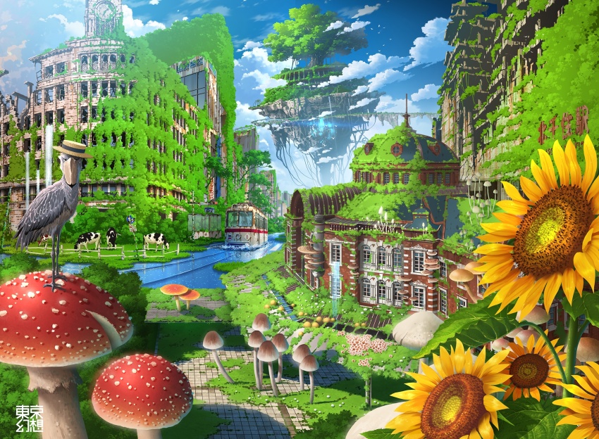 abandoned animal artist_name bird blue_sky broken_window brown_headwear building clock clock_tower cloud commentary_request cow day dilapidated fence floating_island flower highres moss mushroom no_shoes original outdoors overgrown post-apocalypse road_sign ruins rust scenery shoebill sign signature sky streetcar sunflower tokyo_station tokyogenso tower tree water waterfall window yellow_flower