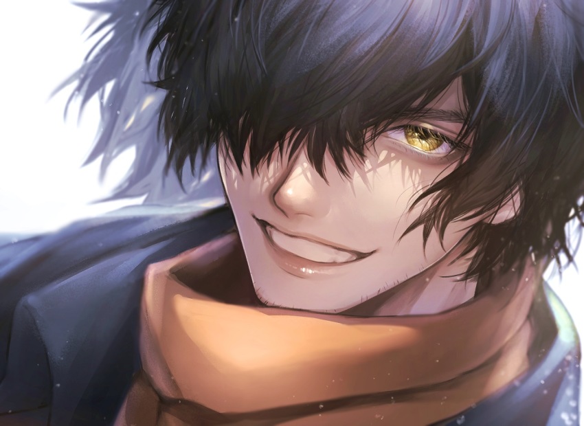 1boy black_hair commentary fate/grand_order fate/type_redline fate_(series) hair_over_one_eye japanese_clothes kimono koha-ace light_particles long_hair looking_at_viewer male_focus okada_izou_(fate) orange_scarf ponytail portrait scarf simple_background smile solo teeth white_background yellow_eyes yuta_arata