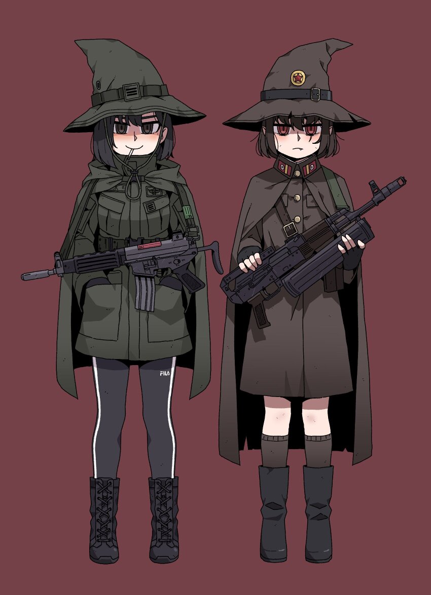 2girls assault_rifle belt black_eyes black_footwear black_hair boots breast_pocket brown_belt brown_cape brown_headwear brown_jacket buttons cape closed_mouth commentary contemporary daewoo_k1 english_commentary fang fang_out fila fingerless_gloves full_body gloves green_belt green_cape green_headwear green_jacket green_shirt gun gun_sling hands_in_pockets hat hat_belt highres jacket kalashnikov_rifle karepack kneehighs lace-up_boots long_sleeves looking_at_viewer messy_hair military military_combat_uniform military_jacket military_rank_insignia military_uniform multiple_girls north_korea original pants pocket pointy_ears red_cape red_eyes republic_of_korea_army rifle ringed_eyes shirt short_hair sidelocks simple_background slit_pupils socks soldier standing straight-on track_pants type_88_(assault_rifle) weapon witch witch_hat