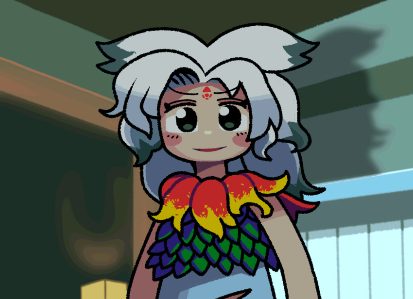 1girl commentary_request forehead_tattoo grey_eyes houjuu_chimi indoors leaf_clothing long_hair looking_at_viewer manatsu_no_yo_no_inmu open_mouth parted_bangs smile solo tonchamon_san touhou upper_body white_hair