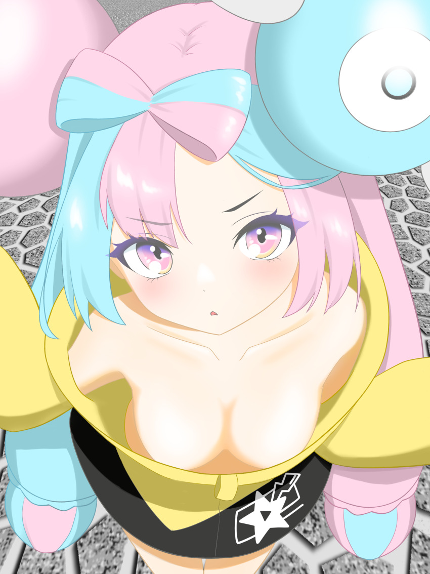 absurdres bow-shaped_hair breasts character_hair_ornament fake_hair_bun hair_ornament highres iono_(pokemon) jacket majikichi915 multicolored_hair nintendo pokemon pokemon_sv small_breasts split-color_hair two-tone_hair very_long_sleeves yellow_jacket