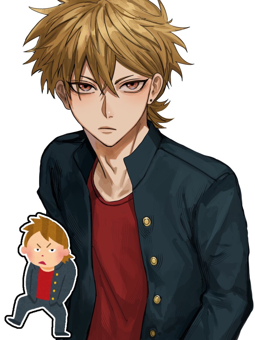 1boy black_jacket black_pants black_shoes blonde_hair brown_eyes delinquent earrings frown gakuran gold_buttons hair_between_eyes highres irasutoya irasutoya_challenge jacket jewelry male_focus pants red_shirt reference_inset school_uniform shirt shoes short_hair single_earring tomato_79 triangle_mouth upper_body white_background