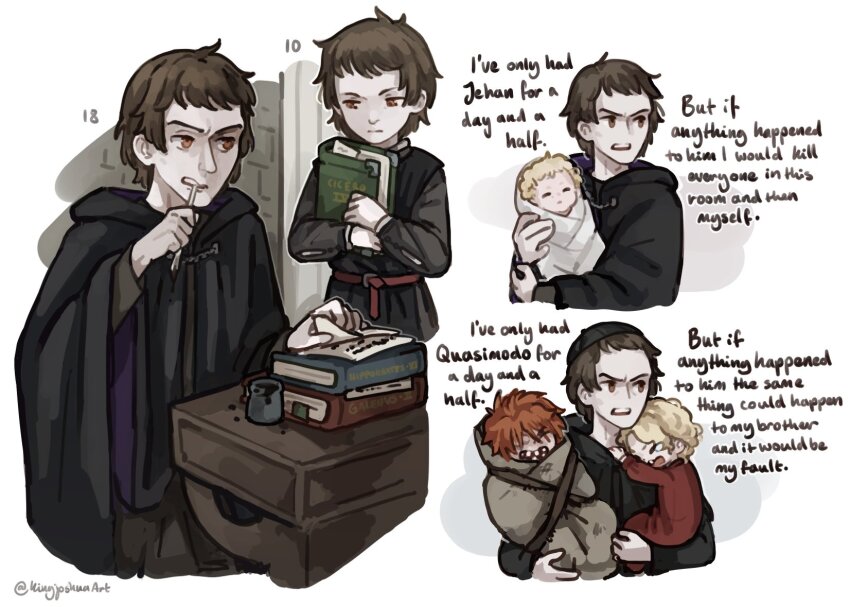 3boys age_progression aged_down baby black_robe blonde_hair book book_stack brown_eyes brown_hair brushing_teeth carrying carrying_person claude_frollo commentary english_text highres i&#039;ve_only_had_arlo_for_a_day_and_a_half_(meme) ink jehan_frollo kingjoshua meme multiple_boys onesie orange_hair quasimodo robe short_hair the_hunchback_of_notre_dame twitter_username