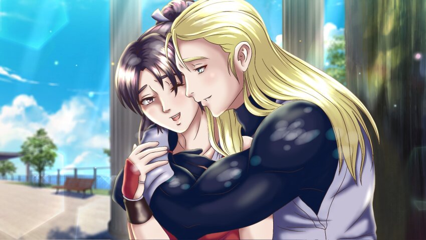 1boy 1girl andy_bogard aqua_eyes arms_around_neck blonde_hair brown_hair fatal_fury fingerless_gloves gloves highres hug japanese_clothes long_hair one_eye_closed open_mouth parted_lips ponytail shiranui_mai smile snk teeth the_king_of_fighters tongue