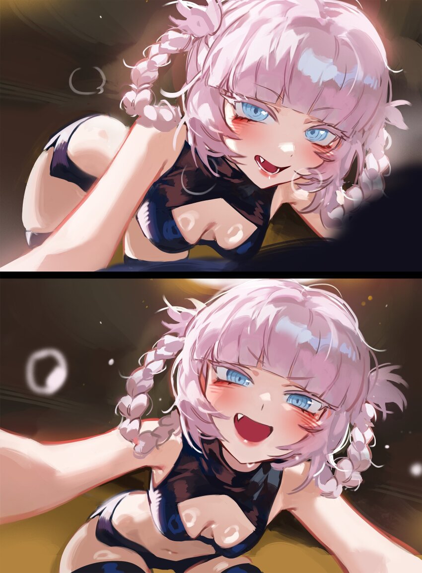 1girl absurdres bent_over black_shirt black_shorts black_thighhighs blue_eyes blunt_bangs blush braid braided_hair_rings breasts cleavage_cutout clothing_cutout commentary crop_top fang foolish_potato hair_rings highres looking_at_viewer medium_breasts micro_shorts nanakusa_nazuna_(yofukashi_no_uta) navel open_mouth outstretched_arms purple_hair ringed_eyes shiny_skin shirt shorts sidelocks sleeveless sleeveless_shirt smile thick_eyelashes thighhighs v-shaped_eyebrows yofukashi_no_uta