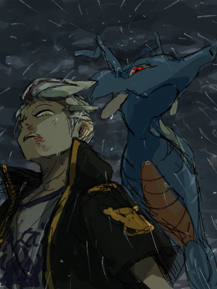 1boy black_jacket blood blood_on_face blue_skin colored_skin drayton_(pokemon) fish frown gen_2_pokemon highres jacket kingdra looking_at_viewer looking_down multicolored_hair nintendo pokemon pokemon_(creature) pokemon_sv purple_hair purple_shirt rain red_eyes seahorse shirt storm two-tone_hair white_hair white_shirt yellow_eyes yusho_(ossm03)