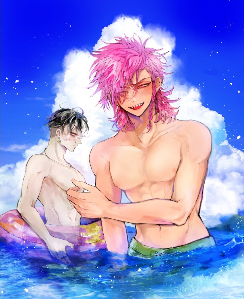2boys abs arm_up black_hair blue_sky braid closed_mouth cloud collarbone commentary danganronpa_(series) danganronpa_2:_goodbye_despair grey_hair groin hair_behind_ear hair_over_one_eye highres holding holding_swim_ring innertube jewelry joonoyuki looking_ahead looking_to_the_side male_focus male_swimwear multicolored_hair multiple_boys navel necklace nipples ocean one_eye_closed open_mouth partially_submerged pectorals pink_eyes pink_hair sharp_teeth side_braid sideways_glance single_braid sky soda_kazuichi streaked_hair swim_ring swim_trunks symbol-only_commentary tanaka_gundham teeth tongue topless_male upper_teeth_only water wet wet_hair