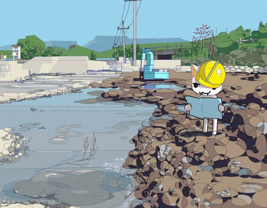 1boy :3 blue_sky blueprint_(object) construction doko_demo_issho excavator hard_hat hat helmet holding holding_blueprints inoue_toro male_focus microsoft_paint_(medium) mountainous_horizon open_mouth outdoors oval pebble power_lines river riverbank sky solo standing tilted_headwear tkwkai utility_pole yellow_hat