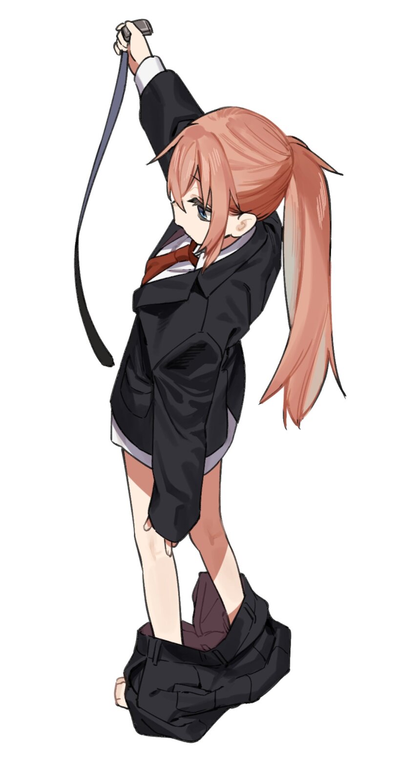 1girl barefoot belt black_jacket black_pants black_suit blue_eyes clothes_pull commentary formal_clothes from_behind full_body highres holding holding_belt jacket long_hair long_sleeves michinoku_komaro muchi_maro necktie oversized_clothes pants pants_pull pink_hair ponytail red_necktie second-party_source seitokai_ni_mo_ana_wa_aru! shirt solo suit suit_jacket white_shirt