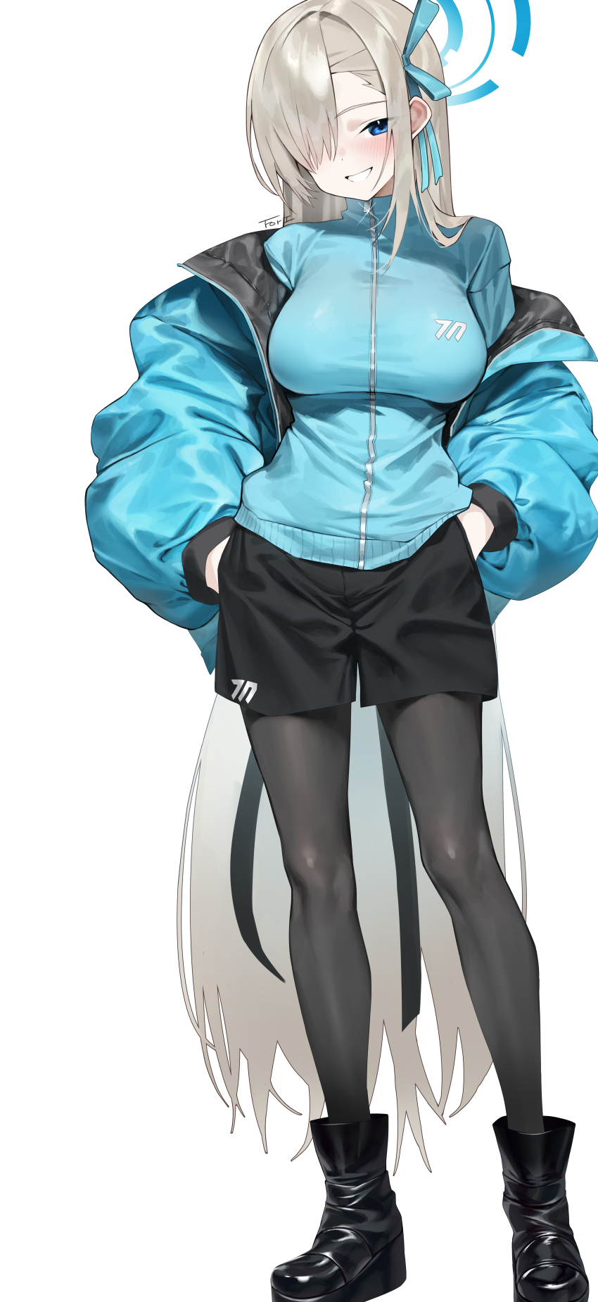 1girl absurdres asuna_(blue_archive) black_boots black_pantyhose black_shorts blonde_hair blue_archive blue_eyes blue_halo blue_jacket blush boots breasts grin hair_over_one_eye halo hands_in_pockets high_collar highres jacket jacket_over_jacket large_breasts long_hair not_forever2w open_clothes open_jacket pantyhose shorts sidelocks smile solo