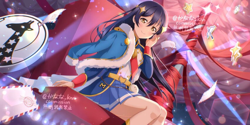 1girl belt blue_hair blue_jacket blue_skirt boots closed_mouth cosplay fur-trimmed_jacket fur_trim gold_trim hair_between_eyes highres jacket jacket_on_shoulders jingshenquan kagura_hikari kagura_hikari_(cosplay) long_hair long_sleeves love_live! love_live!_school_idol_project mimori_suzuko pelisse pleated_skirt red_sash sash shoujo_kageki_revue_starlight shoulder_sash single_stripe skirt smile solo sonoda_umi sparkle_hair_ornament waist_cape yellow_belt yellow_eyes