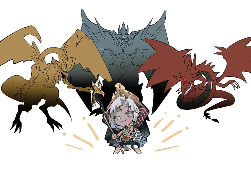1boy ahoge chibi dark-skinned_male dark_skin duel_disk duel_monster fang fate/grand_order fate_(series) grey_eyes grey_hair holding holding_staff male_focus obelisk_the_tormentor osiris_the_sky_dragon ss_un17 staff the_winged_dragon_of_ra tutankhamun_(fate) tutankhamun_(second_ascension)_(fate) white_background yu-gi-oh!