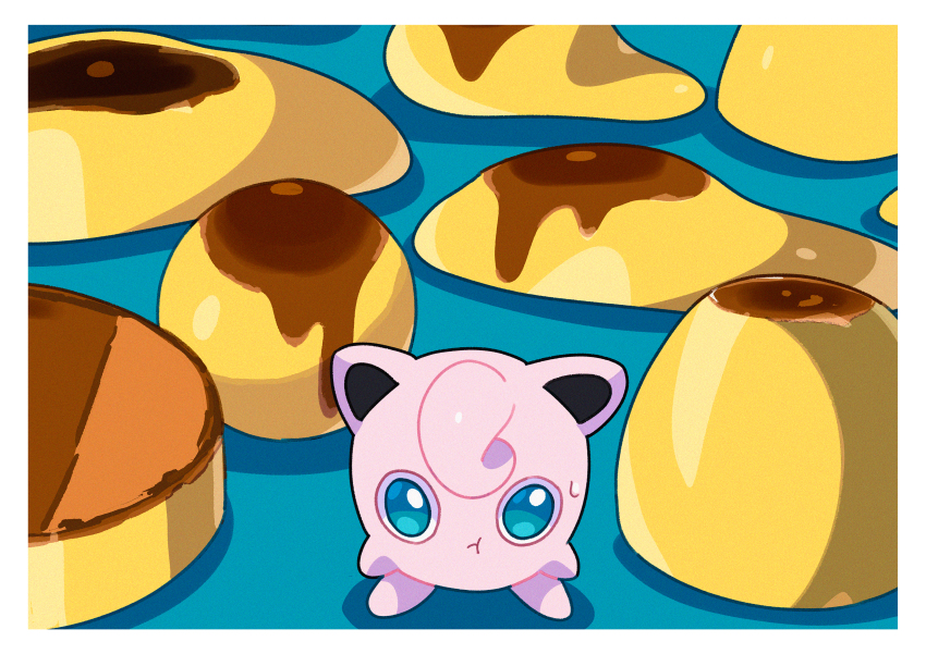 :t absurdres border closed_mouth commentary food full_body gen_1_pokemon green_eyes highres jigglypuff name_connection nintendo no_humans pokemon pokemon_(creature) pudding saiku_(zvlku) solo standing sweatdrop white_border