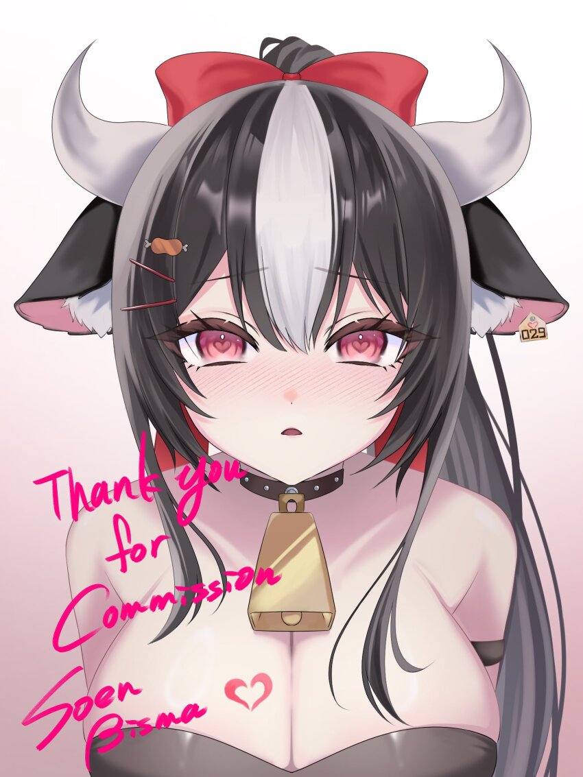 1girl animal_ears artist_name bell black_choker black_hair blush bow breasts choker cleavage commission cow_ears cow_girl cowbell ear_tag hair_bow hair_ornament heart heart-shaped_pupils highres indie_virtual_youtuber large_breasts long_hair pink_eyes red_bow shimofuri_ichibo skeb_commission soen_bisma solo symbol-shaped_pupils thank_you upper_body virtual_youtuber white_hair