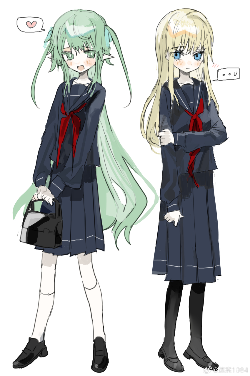 1984_(cw1000110) 2girls :d absurdres alice_(black_souls) bag black_bag black_footwear black_socks black_souls blonde_hair blue_eyes blush closed_mouth full_body green_eyes green_hair grey_serafuku handbag heart highres holding holding_bag holding_own_arm kneehighs leaf_(black_souls) long_hair long_sleeves multiple_girls neckerchief open_mouth pleated_skirt pointy_ears red_neckerchief school_uniform serafuku simple_background skirt smile socks speech_bubble spoken_heart two_side_up white_background white_socks