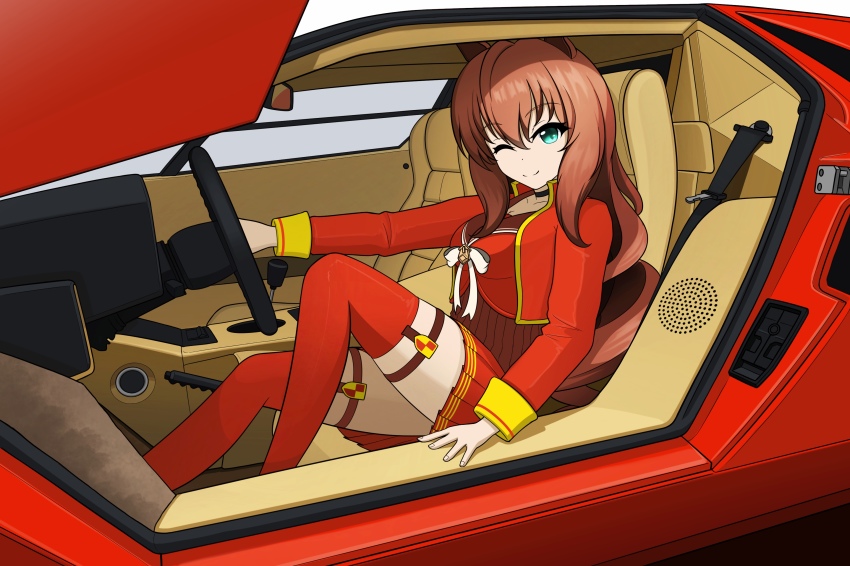 1girl ;) absurdres animal_ears aqua_eyes black_choker bow bowtie brown_hair brown_sailor_collar car_interior choker closed_mouth commentary cropped_jacket highres horse_ears horse_girl horse_tail jacket kano_(nakanotakahiro1029) knee_up lamborghini_countach long_hair long_sleeves looking_at_viewer maruzensky_(umamusume) miniskirt one_eye_closed pleated_skirt red_jacket red_shirt red_skirt red_thighhighs sailor_collar shirt sitting skirt smile solo tail thigh_strap thighhighs umamusume wavy_hair white_bow white_bowtie