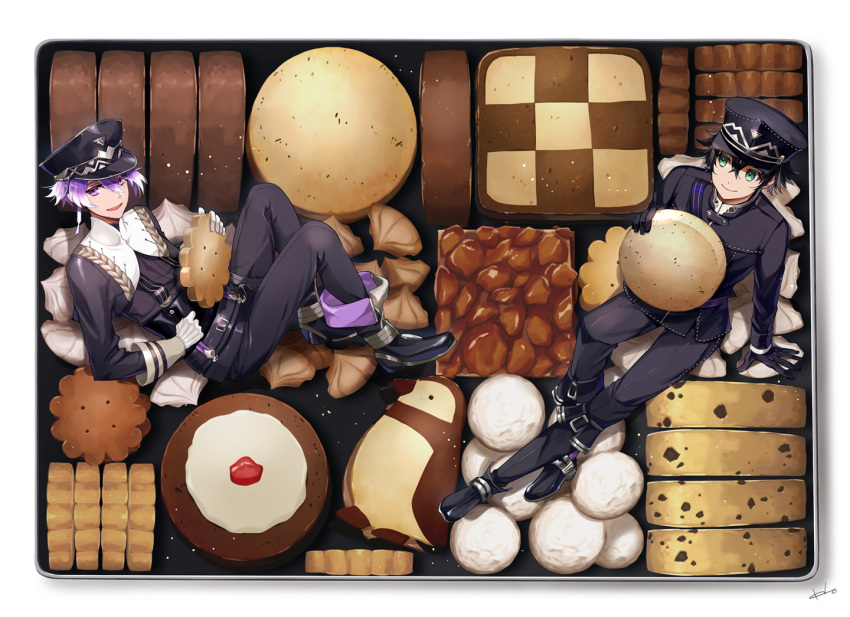 2boys :d belt bird black_belt black_footwear black_gloves black_hair black_headwear black_pants black_shirt boots brownie_(food) checkerboard_cookie chocolate chocolate_chip_cookie colored_tips cookie cropped_jacket crossed_ankles crossed_bangs cummerbund earrings fold-over_boots food food_art full_body gloves green_eyes hair_flaps hat holding holding_food houhou_(black_lack) jacket jewelry knee_boots knees_up looking_at_another looking_at_viewer male_focus meringue minamoto_kiyomaro multicolored_hair multicolored_jacket multiple_boys open_mouth oversized_food oversized_object pants peaked_cap penguin purple_eyes purple_hair shirt short_hair simple_background single_earring sitting sitting_on_food smile suishinshi_masahide_(touken_ranbu) suspenders touken_ranbu two-tone_jacket white_background white_gloves white_hair white_jacket