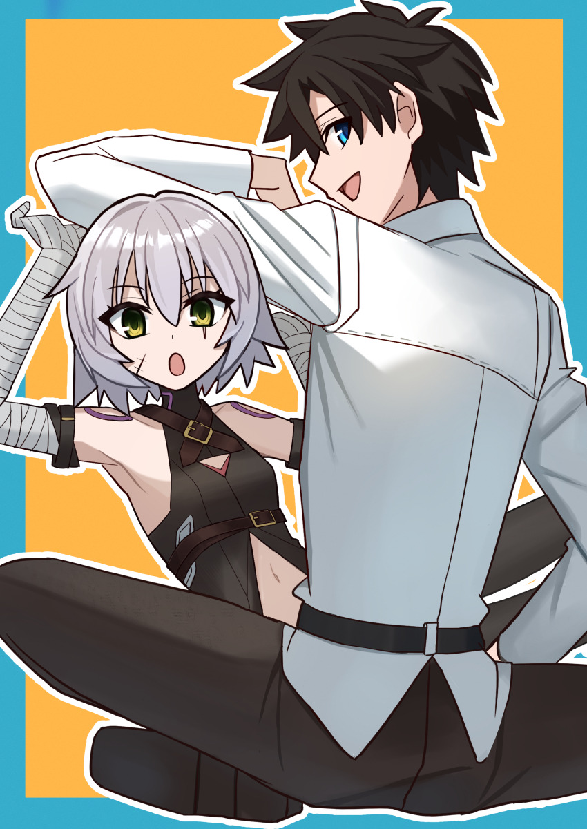 1boy 1girl absurdres bandages belt black_footwear black_hair black_pants black_shirt blue_eyes chaldea_uniform detached_sleeves dragon_ball dragonball_z fate/apocrypha fate/grand_order fate_(series) fujimaru_ritsuka_(male) green_eyes highres jack_the_ripper_(fate/apocrypha) navel open_mouth pants parody scar shintyoi2 shirt simple_background white_hair white_shirt