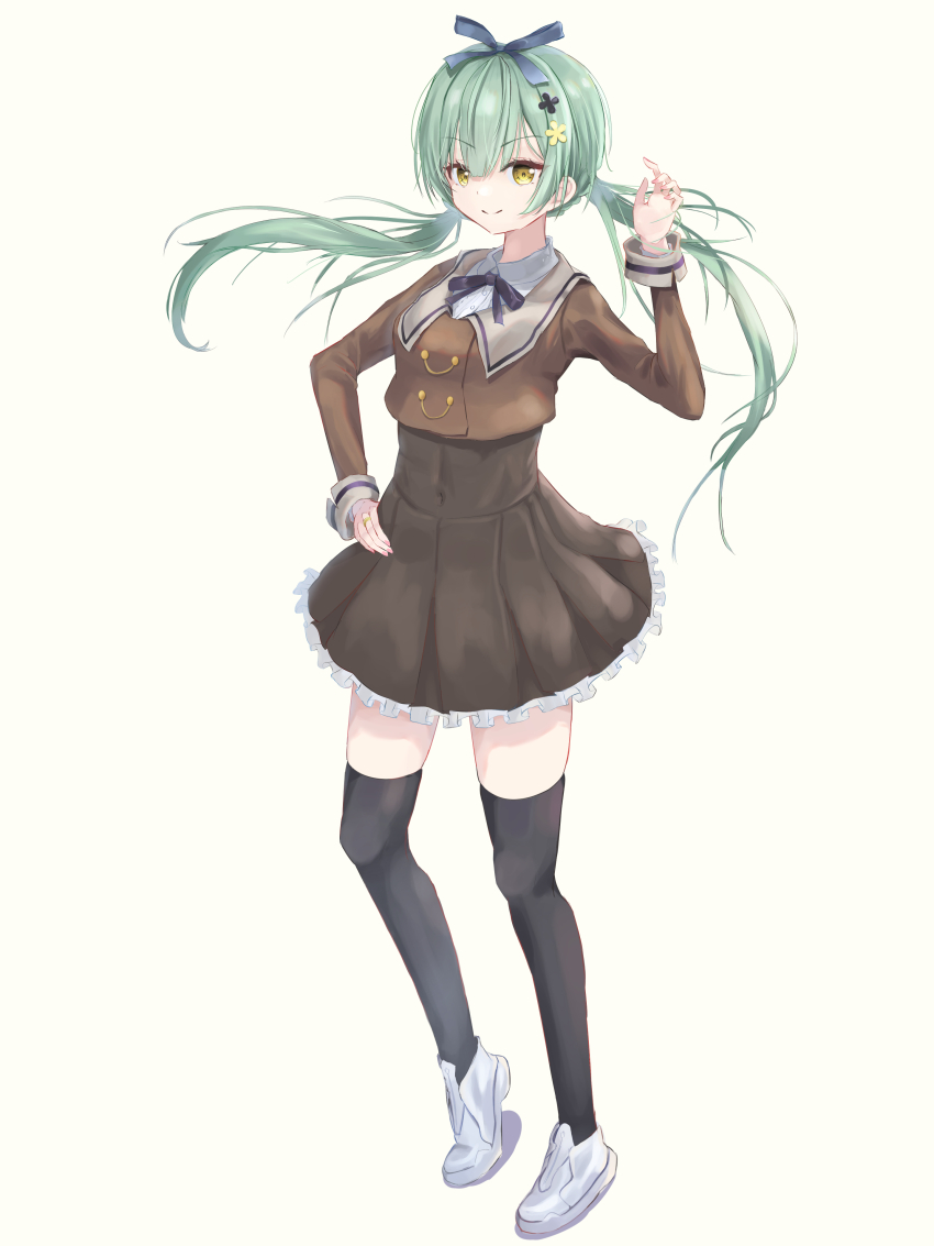 &gt;:) 1girl absurdres arm_up assault_lily black_ribbon black_thighhighs blue_ribbon braid breasts brown_dress closed_mouth collared_shirt commentary covered_navel cropped_jacket dress fingernails floating_hair flower frilled_dress frills full_body green_hair hair_between_eyes hair_flower hair_ornament hair_ribbon hairclip hand_on_own_hip heel_up highres jewelry long_hair looking_at_viewer low_twintails medium_breasts neck_ribbon obelisk3 pleated_dress ribbon ring school_uniform shirt shoes short_dress simple_background smile solo standing thighhighs twintails ueda_imari v-shaped_eyebrows very_long_hair white_shirt white_shoes yellow_background yellow_eyes zettai_ryouiki