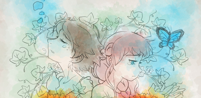 2girls bug butterfly digimon flower himekawa_maki insect menoa_bellucci multiple_girls
