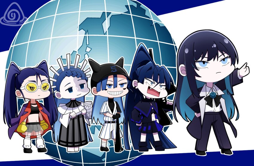 5girls ado_(utaite) baseball_bat baseball_cap black_bow black_bowtie black_choker black_coat black_gloves black_hair black_pants black_shorts black_skirt black_tank_top blue_eyes blue_hair bow bowtie boxing_gloves braid braided_bangs breasts chando_(ado) choker cleavage coat coat_on_shoulders collared_shirt colored_inner_hair crop_top dress earrings fang gira-gira-chan_(ado) gira_gira globe gloves grey_dress hand_on_own_hip hat highres jewelry leg_warmers long_hair merry_(ado) multicolored_hair multiple_girls naima_(ado) navel nori_(norinori_yrl) odo-chan_(ado) odo_(song) open_mouth pants purple_coat readymade_(ado) shirt shorts skirt stomach sunglasses tank_top tinted_eyewear twintails usseewa utaite very_long_hair white-framed_eyewear white_leg_warmers white_pants white_shirt yellow-tinted_eyewear yellow_gloves