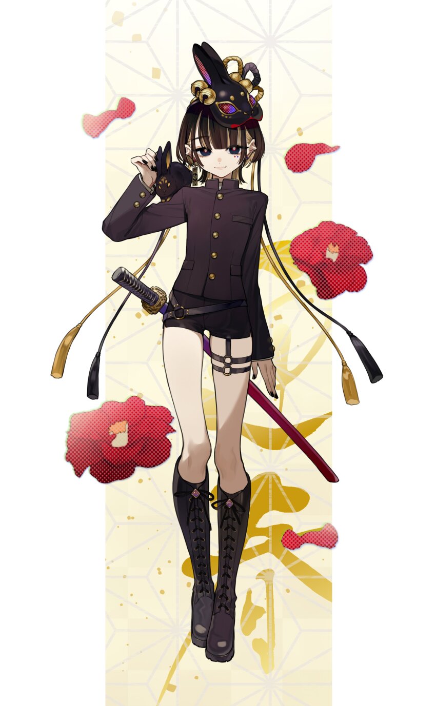 1girl absurdres bell black_eyes black_hair black_jacket black_shorts blonde_hair boots flat_chest flower full_body highres jacket katana knee_boots looking_at_viewer mask mask_on_head multicolored_hair original rabbit rabbit_mask rabbit_on_shoulder rope short_hair shorts smile solo sword tassel thigh_strap two-tone_hair weapon wolf_cut yuu_(higashi_no_penguin)