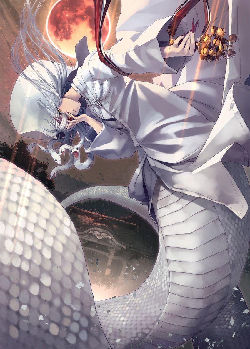 1girl bell brown_eyes fingernails full_moon glowing glowing_eyes hair_blowing hand_on_own_face heterochromia highres japanese_clothes kamigakari kimono lamia leaning_forward long_fingernails monster_girl moon night official_art parted_lips red_eyes red_moon scales shizuma_yoshinori snake solo white_hair white_headwear white_kimono wind