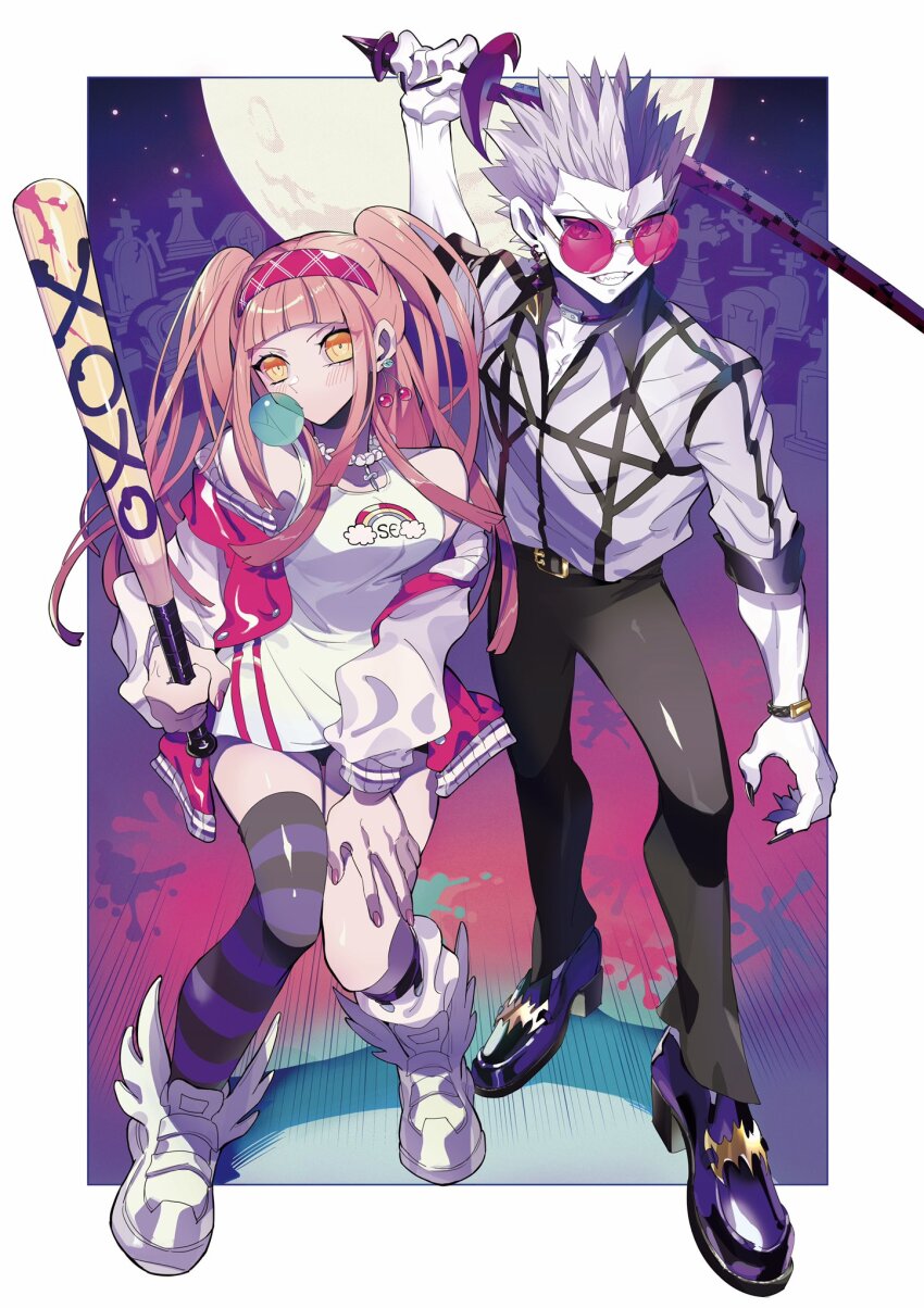 1boy 1girl baseball_bat belt chewing_gum full_body headband highres hime_cut holding holding_baseball_bat holding_sword holding_weapon long_hair orange_hair original pants pink_hair puppeteer7777 shoes short_hair spiked_hair sunglasses sword weapon white_footwear