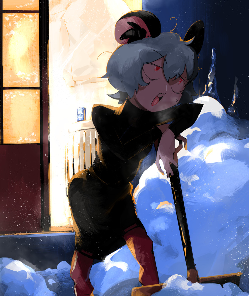 1girl absurdres animal_ears black_dress boots brown_boots commentary_request cookie_(touhou) dress full_body grey_hair highres holding holding_shovel ishizaki_(ishizaki100) long_sleeves mouse_ears mouse_girl nazrin nyon_(cookie) open_mouth outdoors radiator red_eyes short_hair shovel shoveling sliding_doors snow snow_shovel solo standing touhou