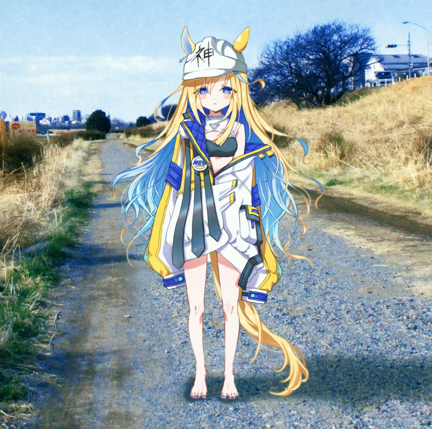 1girl album_cover_redraw animal_ears barefoot blonde_hair blue_eyes blush breasts denpa_onna_to_seishun_otoko derivative_work full_body hair_ornament hat highres horse_ears horse_girl horse_tail jacket long_sleeves looking_at_viewer multicolored_hair neo_universe_(umamusume) parody real_world_location shinsei_kamattechan shironism sky small_breasts solo standing tail two-tone_hair umamusume