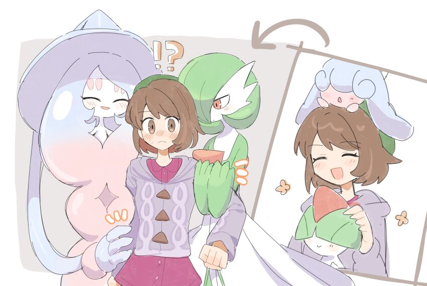 1girl blush bob_cut brown_eyes brown_hair cardigan closed_eyes closed_mouth dress gardevoir gen_3_pokemon gen_8_pokemon gloria_(pokemon) green_hat grey_cardigan han0579 hat hatenna hatterene highres holding hood hooded_cardigan long_sleeves looking_at_viewer nintendo open_mouth pink_dress pokemon pokemon_(creature) pokemon_swsh ralts short_hair smile tam_o&#039;_shanter