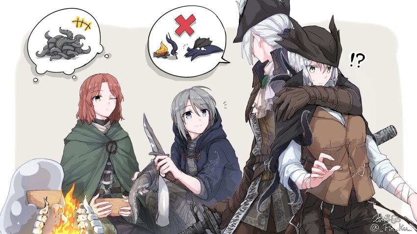 !? 4girls absurdres ascot bandaged_arm bandages bloodborne blue_cloak bonfire brown_gloves brown_hair brown_vest campfire camping cape cloak coat cooking double_blade elden_ring facial_tattoo fire food gloves grey_eyes grey_hair hat hat_feather highres holding holding_another&#039;s_hair holding_knife holding_weapon hood hooded_cape hooded_cloak hunter_(bloodborne) knife lady_maria_of_the_astral_clocktower looking_at_another marshmallow medium_hair melina_(elden_ring) multiple_girls octopus one-eyed pin.s rakuyo_(bloodborne) roasted_marshmallow roasting shirt signature skewer stick tarnished_(elden_ring) tattoo tricorne twitter_username vest weapon white_ascot white_hair white_shirt yellow_eyes