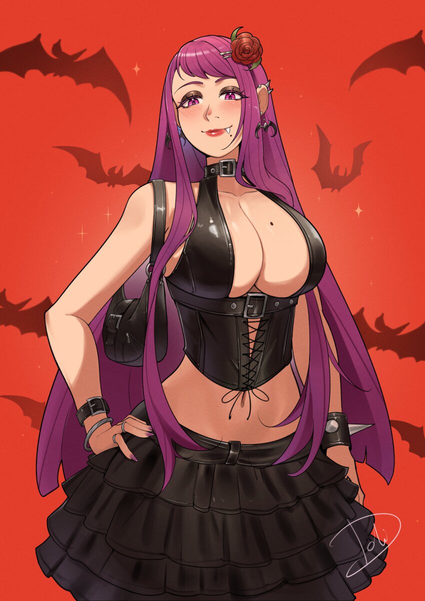 1girl absurdres alternate_costume armpits bag bare_shoulders bat_(animal) bat_earrings black_choker black_corset black_shirt black_skirt blush bracelet breasts choker cleavage closed_mouth corset deliciousbrain earrings fang fire_emblem fire_emblem_engage flower hair_flower hair_ornament hairclip halloween halloween_costume hand_on_own_hip handbag highres ivy_(fire_emblem) jewelry large_breasts long_hair looking_at_viewer midriff mole mole_on_breast mole_under_mouth navel nintendo purple_eyes purple_hair red_background red_lips rose shirt skirt smile solo spiked_bracelet spikes very_long_hair