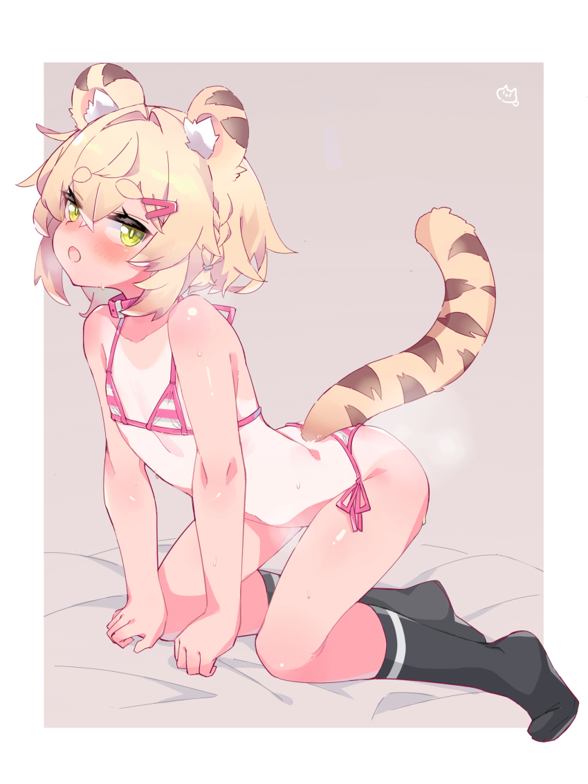 1girl absurdres all_fours animal_ears bikini black_socks blonde_hair blush commentary_request flat_chest green_eyes hair_ornament hairclip highres kneehighs looking_at_viewer no_shoes one-piece_tan open_mouth original pink_bikini short_hair side-tie_bikini_bottom socks solo striped_bikini striped_clothes swimsuit tail tan tanline thick_eyebrows tiger_ears tiger_girl tiger_tail tomcat_(moconeko)