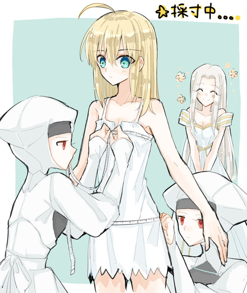 4girls artoria_pendragon_(fate) blonde_hair blue_eyes breasts cleavage closed_eyes collarbone dress fate/zero fate_(series) hair_between_eyes hair_down hair_intakes highres irisviel_von_einzbern irisviel_von_einzbern_(angel&#039;s_song) leysritt_(fate) long_hair mouth_hold multiple_girls nayu_tundora red_eyes saber_(fate) sella_(fate) short_dress silver_hair sleeveless sleeveless_dress small_breasts smile straight_hair very_long_hair white_dress