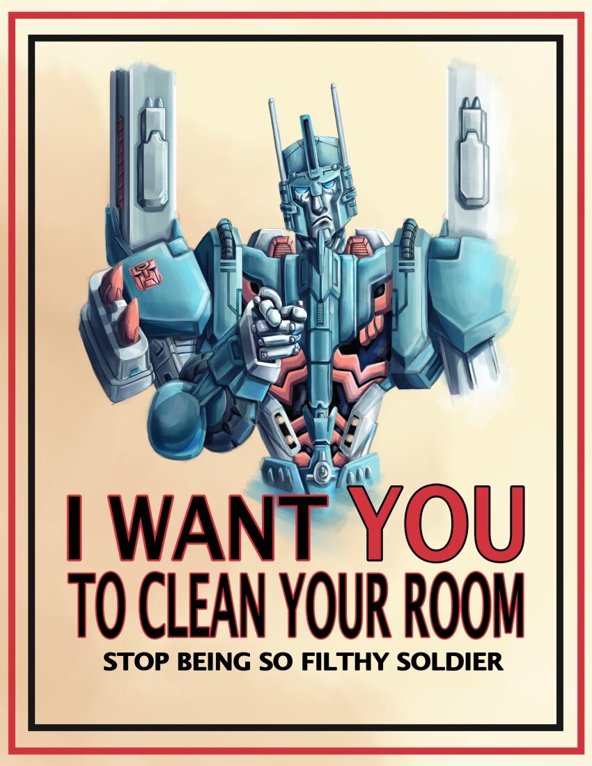 1boy absurdres autobot blue_eyes concept_hen english_text highres i_want_you mecha no_humans parody pointing pointing_at_viewer poster_parody propaganda robot the_transformers_(idw) transformers ultra_magnus