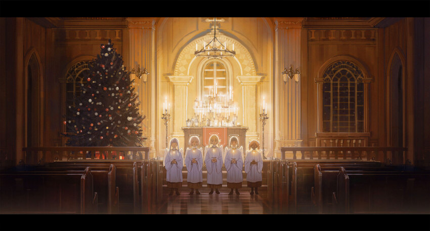 5girls absurdres altar angel angel_wings arch architecture blonde_hair brown_footwear brown_hair candle candlestand chandelier chinese_commentary choir christmas christmas_tree church column halo highres holding holding_candle indoors kimonogo lamp letterboxed long_hair looking_at_viewer multiple_girls music night open_mouth original own_hands_together pew pillar reflective_floor robe scenery short_hair singing standing straight-on white_robe wide_shot wide_sleeves window wings