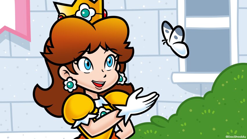 1girl absurdres artist_name blue_eyes brooch brown_hair bug bush butterfly crown doc_shoddy dress earrings flipped_hair flower_brooch flower_earrings frilled_gloves frills gloves highres insect is_this_a_pigeon_(meme) jewelry mario_(series) medium_hair meme nakaue_shigehisa_(style) nintendo official_style open_mouth orange_dress outdoors parted_bangs princess_daisy puffy_short_sleeves puffy_sleeves short_sleeves stone_wall teeth upper_body upper_teeth_only wall white_gloves