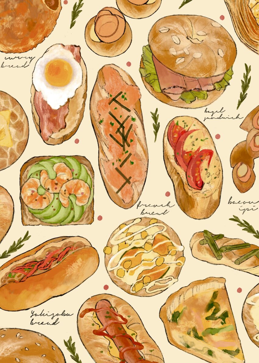 bagel bagel_sandwich bread curry_bread food food_focus food_name fried_egg highres hot_dog ketchup lettuce meat no_humans original satou_sugar18 shrimp tart_slice tomato tomato_slice yakisobapan